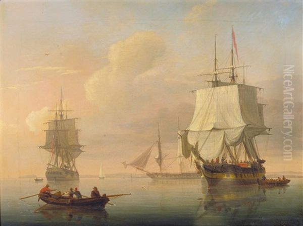 Frigates And Other Vessels Anchored Off A Coastline - view 1