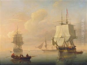 Frigates And Other Vessels Anchored Off A Coastline by Joseph Walter