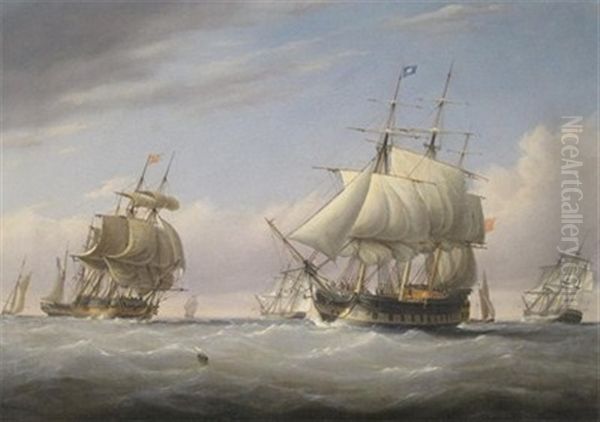 A Two Deck Man-o'war At Sea With Other Ships - view 1