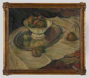 Stillleben Mit Silber, Porzellan Und Apfeln (+ Parklandschaft, Verso) by Johann Walter-Kurau