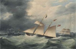 A Two-masted Schooner Yacht Bearing South In Choppy Seas And Passing The Entrance To Cork Harbour, With Other Shipping, Including A Naval Two-decker, Close By by Samuel Walters