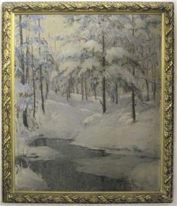 Winter Forested Landscape With A Stream In The Foreground by Harry Franklin Waltman