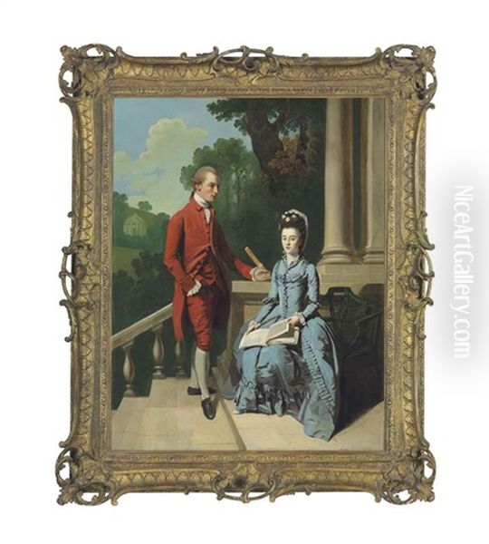 Portrait Of James Nelthorpe And His Sister Ann (b. 1755), Later Mrs John White, Small Full-lengths, He In A Red Coat And Breeches, And She Seated In A Slate Dress With An Open Book Of Music, A Wooded Landscape Beyond - view 1