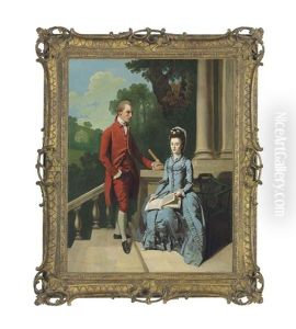 Portrait Of James Nelthorpe And His Sister Ann (b. 1755), Later Mrs John White, Small Full-lengths, He In A Red Coat And Breeches, And She Seated In A Slate Dress With An Open Book Of Music, A Wooded Landscape Beyond