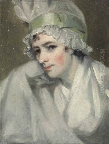 Portrait Of A Lady, Bust-length, In A White Gown And Mob Cap Trimmed With A Wide Green Satin Ribbon - view 1
