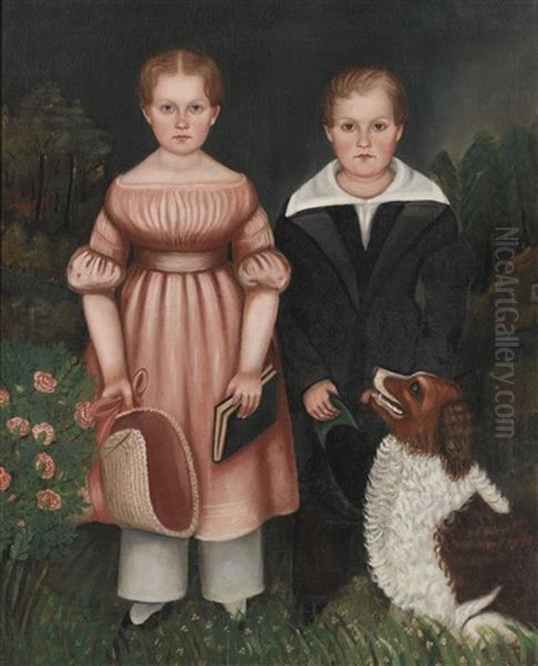 Portrait Of Two Children And A Red And White Setter - view 1