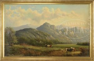 Cows At Watering Hole In A Mountainous Landscape