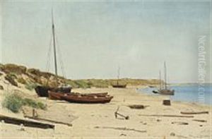 Danish Coastal Scape With Fishing Boats On The Beach by William Wandahl