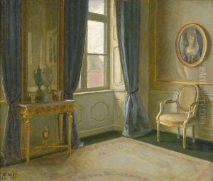 Interieur Eines Salons Mit Blauen Vorhangen by Elisabeth Moeller Wandel