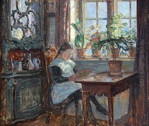 Interior With A Girl Reading At A Table by Sigurd Wandel