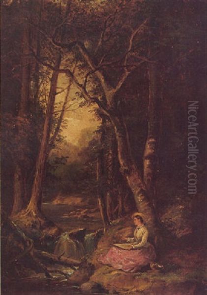 A Woman Sketching Along A Forest Brook - view 1