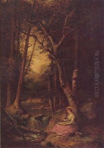 A Woman Sketching Along A Forest Brook by Juan Buckingham Wandesforde