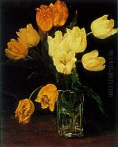 Cream And Yellow Tulips In A Vase by Marie Wandscheer