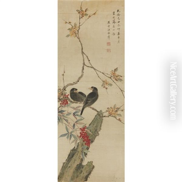 A Pair Of Birds With Prunus And Nandina - view 1