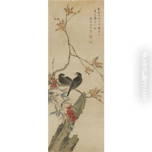 A Pair Of Birds With Prunus And Nandina