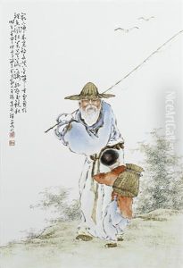 Untitled (elderly Fisherman Holding A Long Rod Over His Shoulder) by Wang Qi