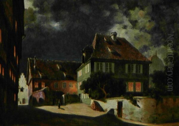 Norsk Gadeparti Med Huse Og Personer Ved Aftentide (fra Bergen?) - view 1