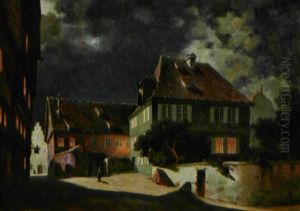 Norsk Gadeparti Med Huse Og Personer Ved Aftentide (fra Bergen?) by Jens Waldemar Wang