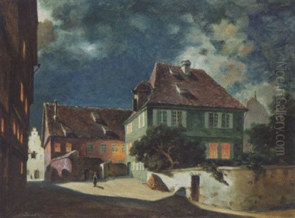 Norsk Gadeparti Med Huse Og Figurer Ved Aftentide, Antagelig Bergen - view 1
