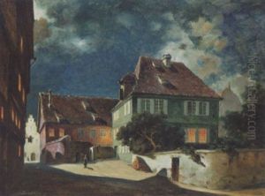 Norsk Gadeparti Med Huse Og Figurer Ved Aftentide, Antagelig Bergen by Jens Waldemar Wang