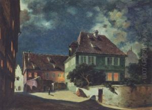 Norsk Gadeparti Med Huse Og Personer Ved Aftentide, Antagelig Fra Bergen by Jens Waldemar Wang
