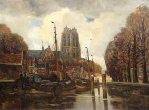 Gezicht Op Nieuwe Haven En Grote Kerk Te Dordrecht