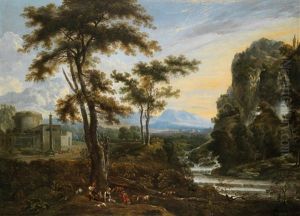Eine Phantastische Landschaft In Der Umgebung Von Rom Mit Dem Grabmal Der Plautier Im Linken Vordergrund Und Der Ponte Milvio Im Hintergrund