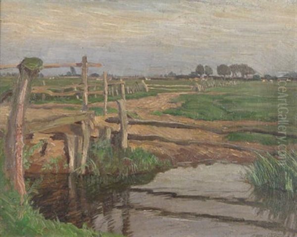 Am Niederrhein. Blick In Weite Feld- Und Wiesenlandschaft. Vorn Eine Zu Einem Feldweg Fuhrende Holzbrucke. In Der Ferne Weidendes Vieh Vor Kopfweiden - view 1