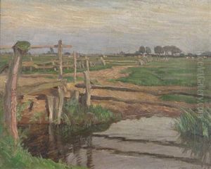 Am Niederrhein. Blick In Weite Feld- Und Wiesenlandschaft. Vorn Eine Zu Einem Feldweg Fuhrende Holzbrucke. In Der Ferne Weidendes Vieh Vor Kopfweiden by Arthur Wansleben