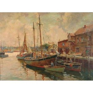 A Harbor Scene In Normandy by William Dudley Brunett Ward Jr.