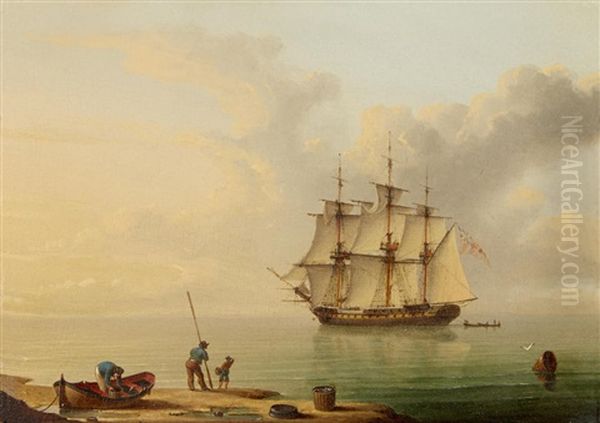 Collecting Clams - A British Man O'war Departing - view 1