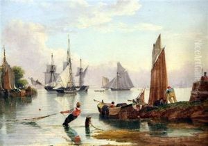 Dutch And English Estuary Scenes With Shipping At Anchor (pair) by John Ward Of Hull