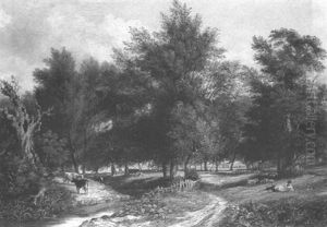 A Shepherd Resting By A Track In A Wooded River Landscape