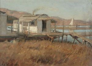 Fishing Shacks And Sailboat, Southern California by Charles S. Ward