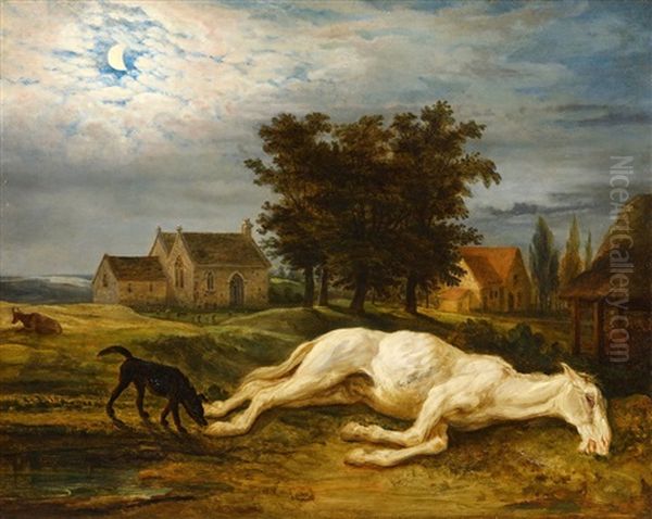A Moonlit Landscape With An Ailing White Horse - view 1
