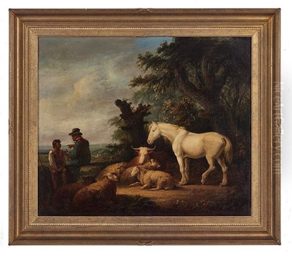 Rural Landscape With Shepherd, Sheep And White Stallion - view 1