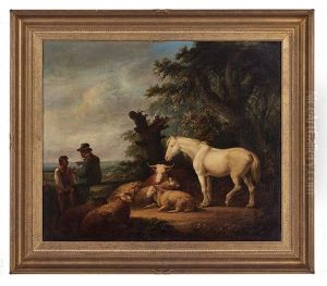 Rural Landscape With Shepherd, Sheep And White Stallion by James Ward