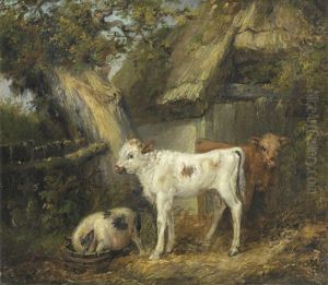Calves And A Pig Outside A Barn by James Ward