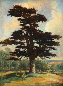 Herd Of Deer Resting Beneath The Shade Of A Cedar Tree On A Rise At Needwood Park, Staffordshire by James Ward