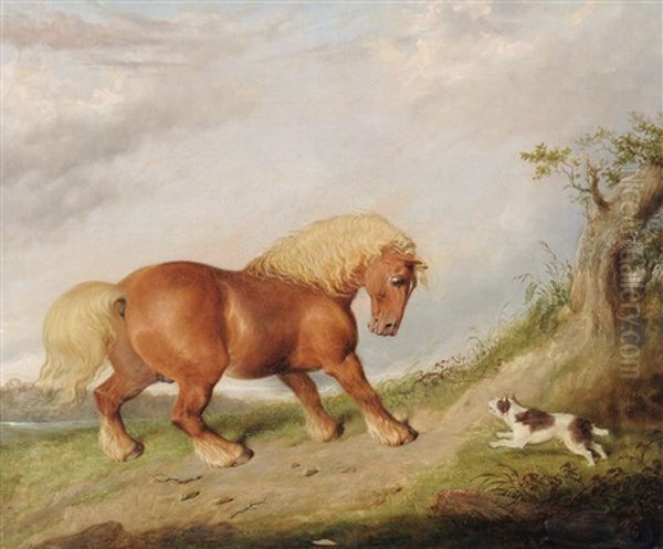 A Chestnut Horse Startled By A Terrier In A Landscape - view 1