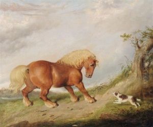 A Chestnut Horse Startled By A Terrier In A Landscape by Martin Theodore Ward