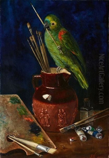 Still Life With Painting Utensils And An Amazon Parrot - view 1