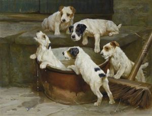 The First Bath - Wire Fox Terrier Puppies by Arthur Wardle