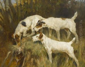 Three Wire Fox Terriers Working A Hole by Arthur Wardle