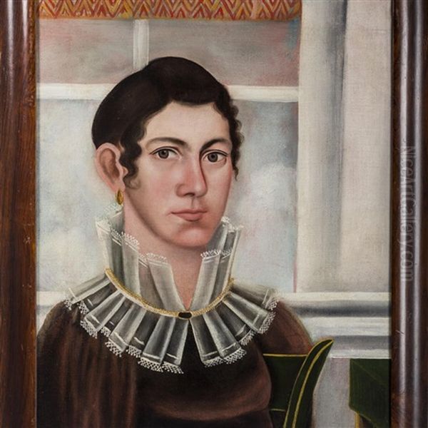 Woman With Lacy Collared Dress, Seated In Front Of A Window With Valance - view 1