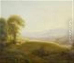 Expansive Landscape With Figure Walking Along A Path With River Below And Mountains In The Background by Simon Warnberger