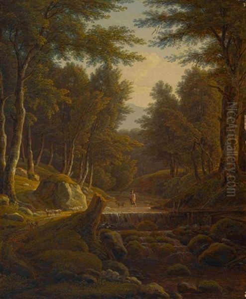 Waldlandschaft Mit Hirtin Und Ziegen Am Bach - view 1