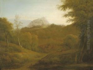 Waldreiche Landschaft Mit Einer Burg Auf Einer Anhohe by Simon Warnberger
