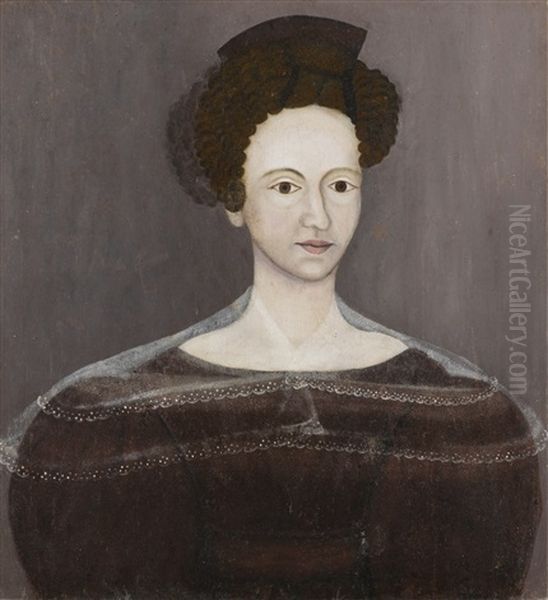 Primitive Portrait Of A Woman In A Brown Dress With A Lace Collar And Leg-of-mutton Sleeves, Said To Be A Member Of The Fox Family - view 1