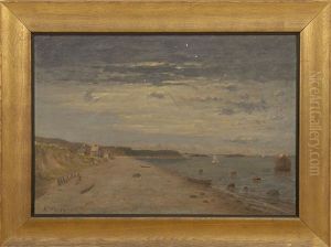 Westport Shore Scene With Cottages, Moored Dories, A Partially Buried Ship's Skeleton, And Distant Vessels Westport Shore Scene With Cottages, Moored Dories, A Partially Buried Ship's Skeleton, And Distant Vessels